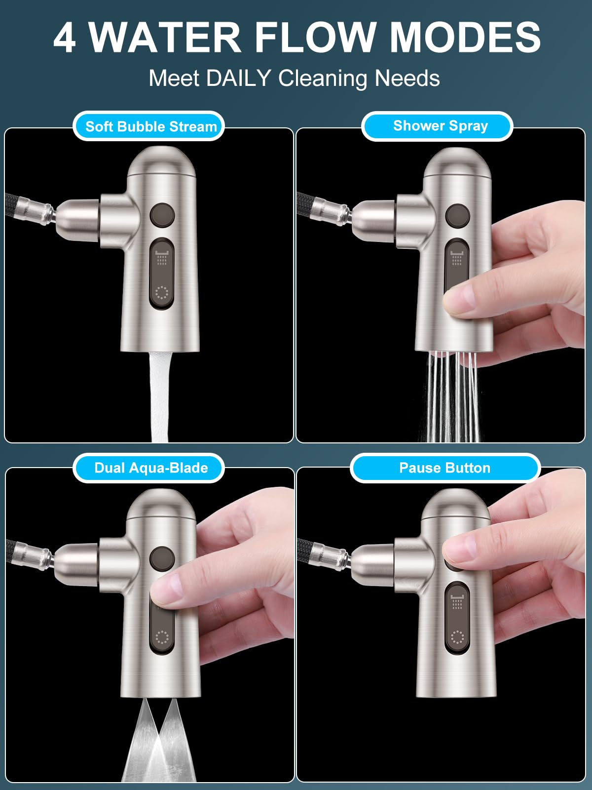 SREWOHS PRO Grifo Cocina Extraible - Grifo de Cocina Fregadero con Ducha de 3 Modos de Rociado Giratorio a 360°, Mezclador Cabezal Grifo Cocina Monomando Flexible, Acero Inoxidable