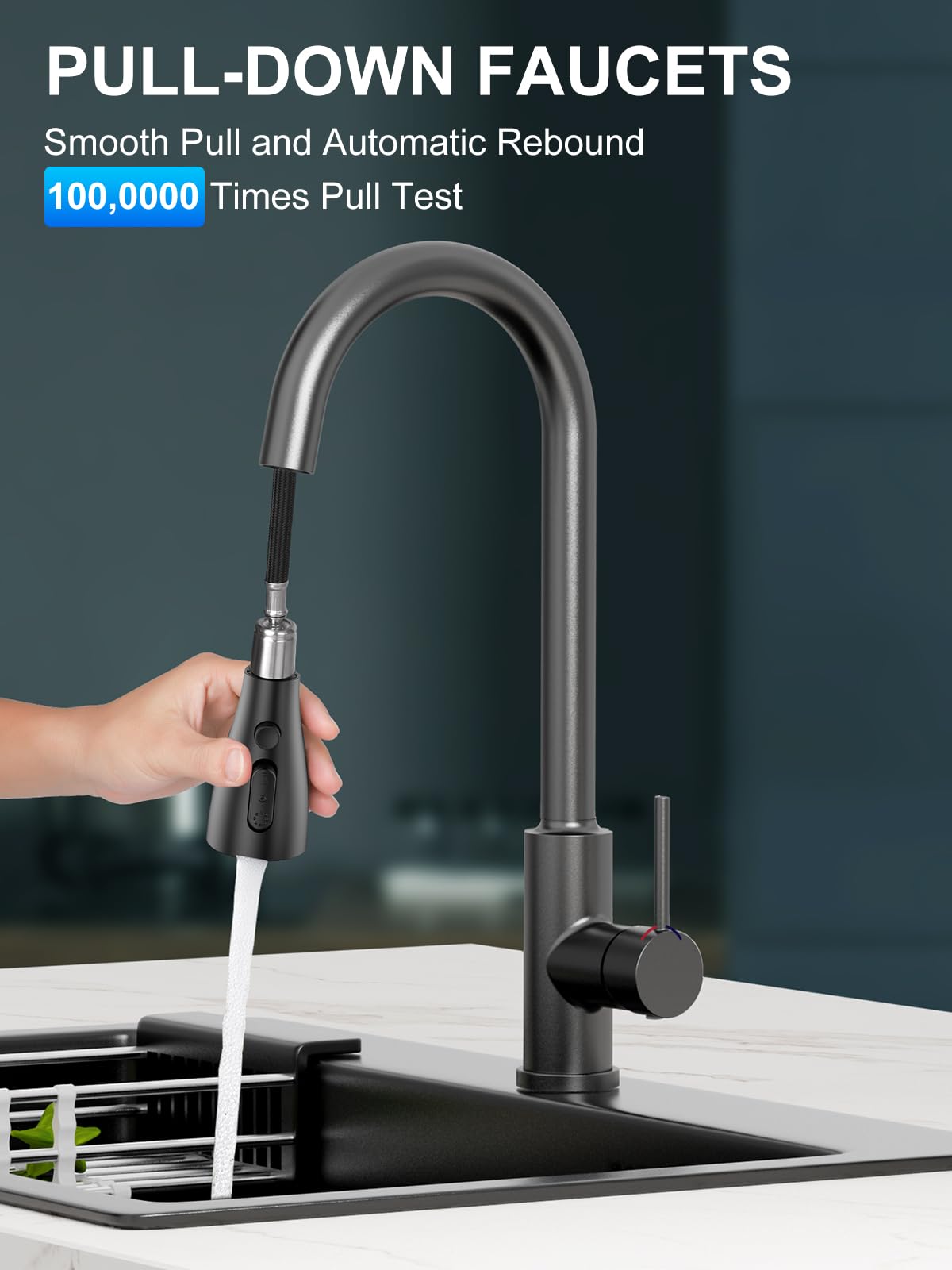 Rubinetto Lavello Cucina,SREWOHS PRO Rubinetto Cucina con Doccetta Estraibile con 4 Doccetta Modelli di Spruzzo,Rubinetto cucina in acciaio inox ad alto arco a 360°,Flessibile Rubinetto Cucina,Nero