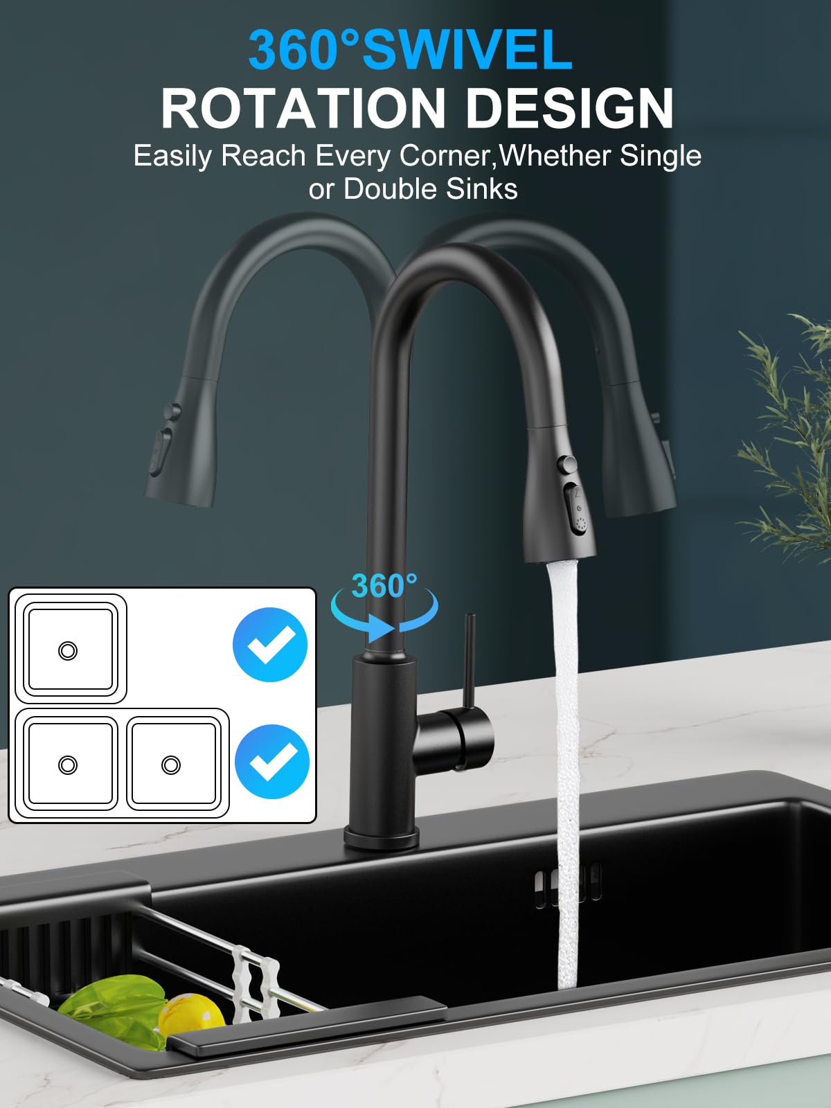 Rubinetto Lavello Cucina,SREWOHS PRO Rubinetto Cucina con Doccetta Estraibile con 4 Doccetta Modelli di Spruzzo,Rubinetto cucina in acciaio inox ad alto arco a 360°,Flessibile Rubinetto Cucina,Nero