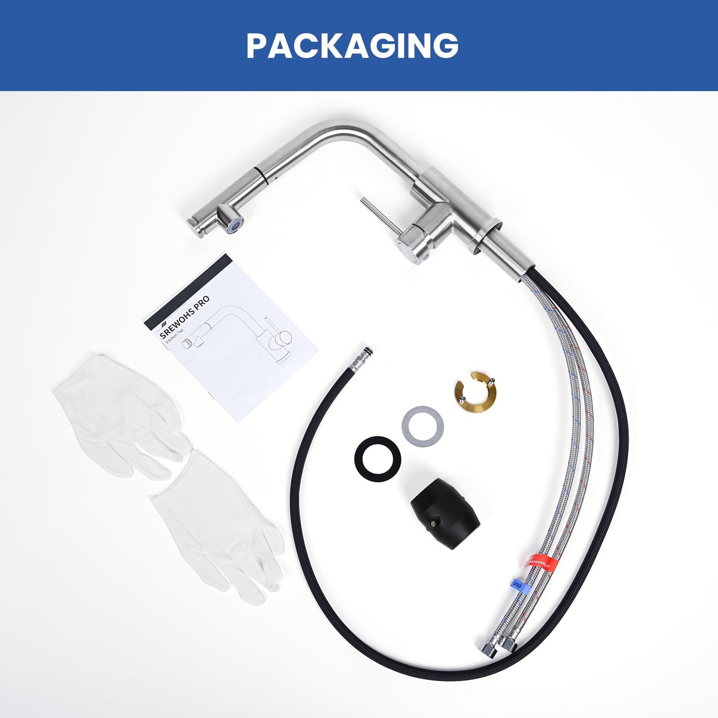 Hochdruck Küchenarmatur Ausziehbar mit 2 Strahlarten, SREWOHS PRO 360° Schwenkbarer Einhebelmischer Wasserhahn für Spüle, L-förmige Mischbatterie aus Edelstahl Gebürstet (L-EU G3/8)