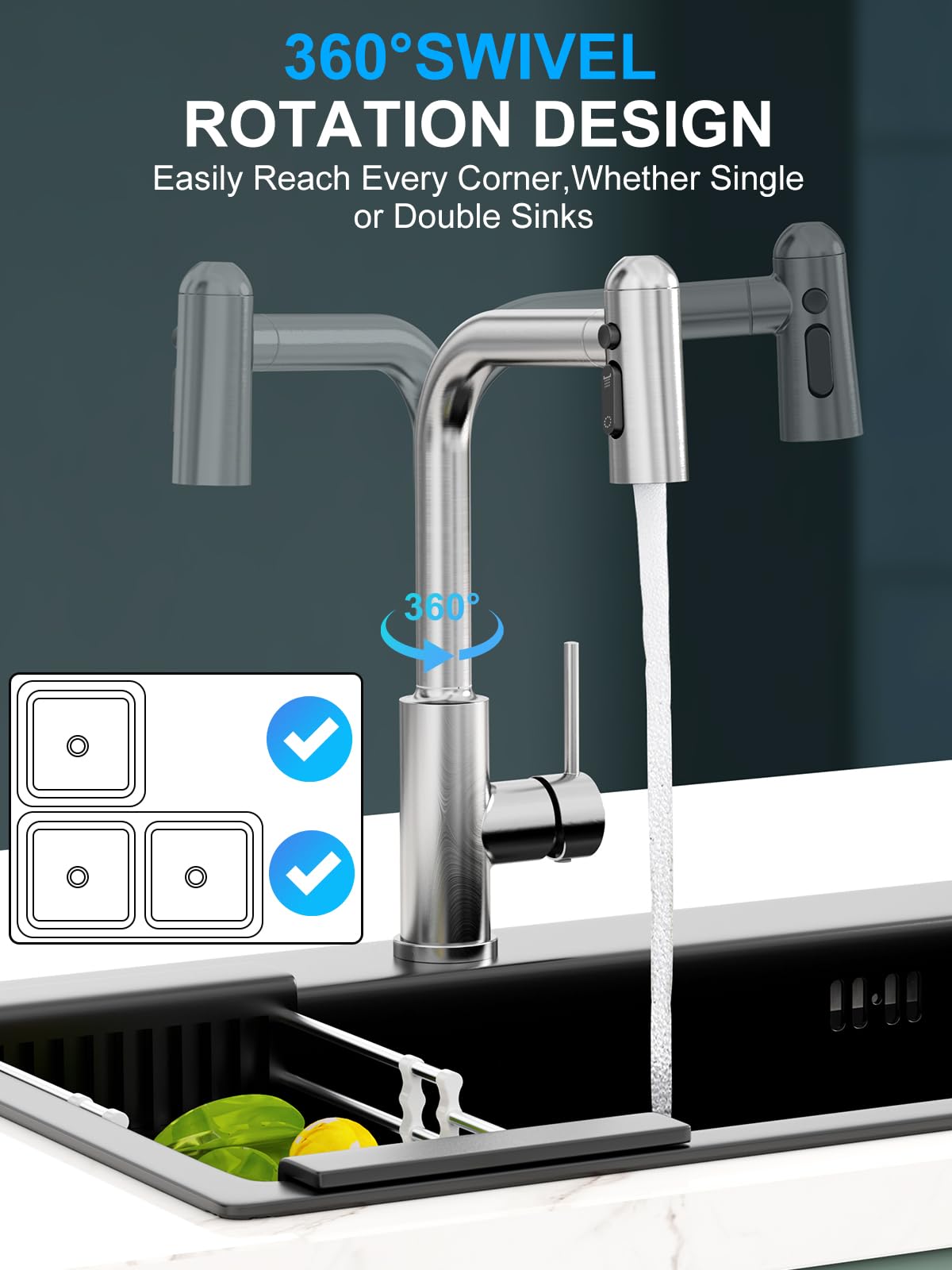 SREWOHS PRO Grifo Cocina Extraible - Grifo de Cocina Fregadero con Ducha de 3 Modos de Rociado Giratorio a 360°, Mezclador Cabezal Grifo Cocina Monomando Flexible, Acero Inoxidable