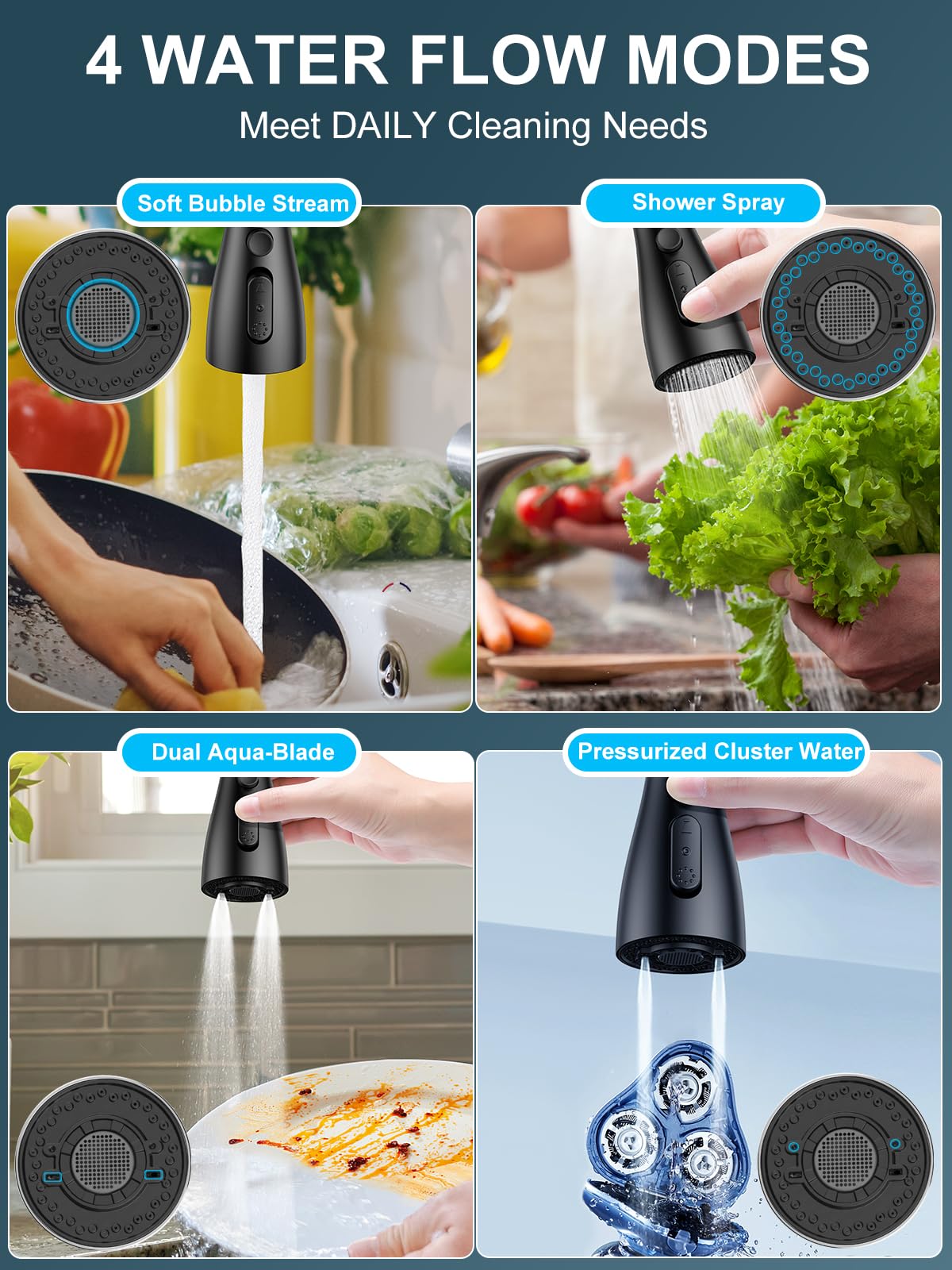 Rubinetto Lavello Cucina,SREWOHS PRO Rubinetto Cucina con Doccetta Estraibile con 4 Doccetta Modelli di Spruzzo,Rubinetto cucina in acciaio inox ad alto arco a 360°,Flessibile Rubinetto Cucina,Nero