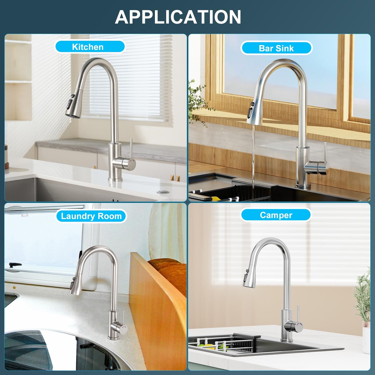 Robinet Cuisine avec Douchette Extensible Mitigeur - SREWOHS PRO Rabattable Mitigeur Evier de Cuisine avec 4 Douchette Modes, 360° d'Évier à Arc Élevé Acier Inoxydable Robinet Cuisine