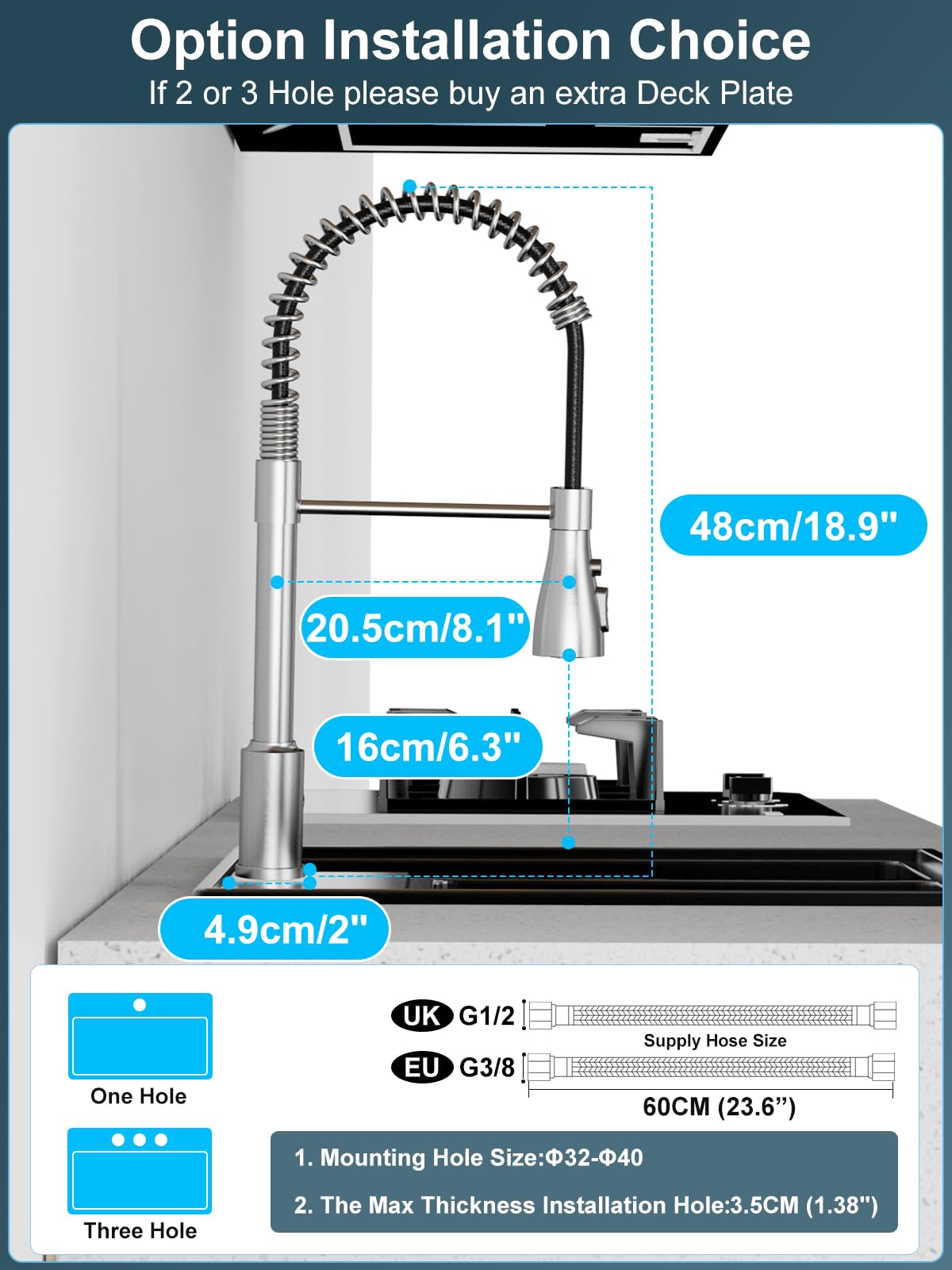 SREWOHS PRO Rubinetto Lavello Cucina Molla,4 Modelli di Spruzzo,Rotazione a 360°,Arco alto(160mm),G3/8,Adatto lavelli a 1 foro,Maniglia singola,Rubinetti commerciali,Acciaio inossidabile spazzolato