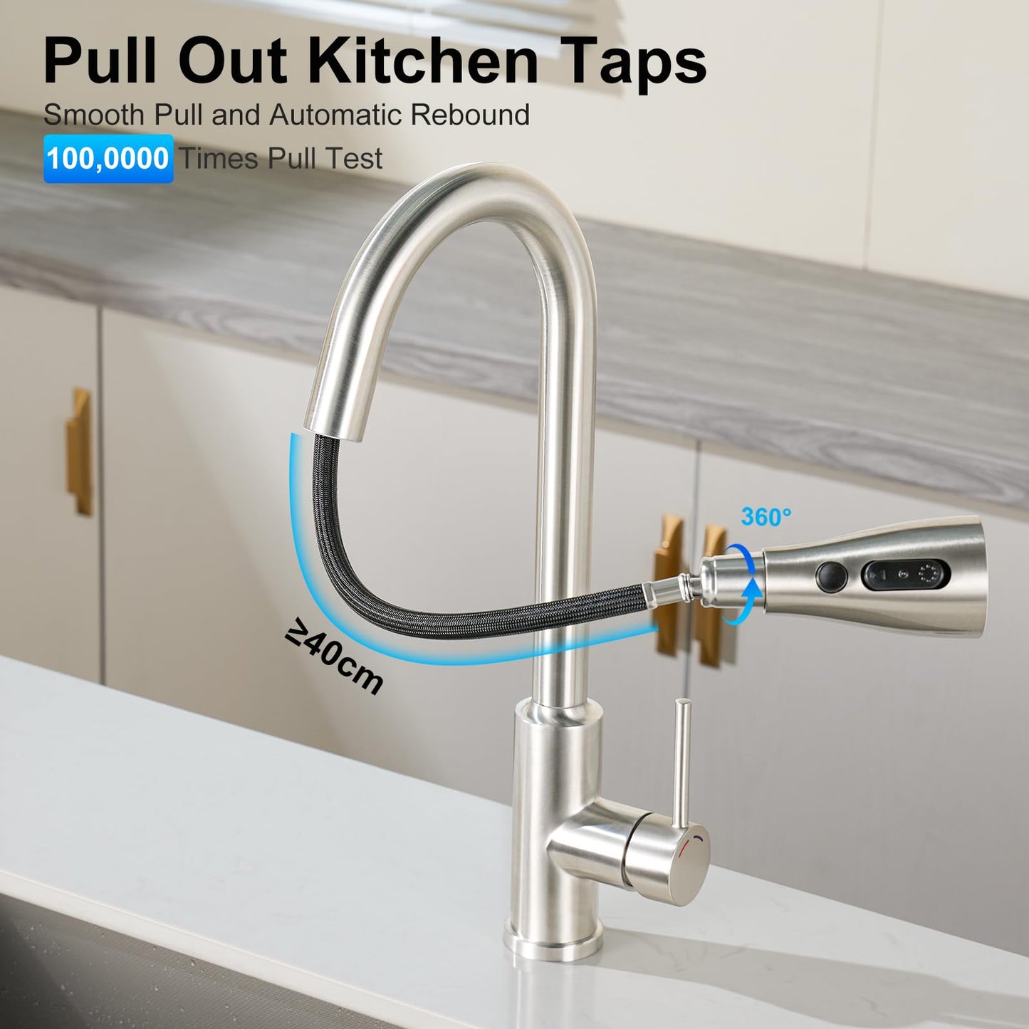 Robinet Cuisine avec Douchette Extensible Mitigeur - SREWOHS PRO Rabattable Mitigeur Evier de Cuisine avec 4 Douchette Modes, 360° d'Évier à Arc Élevé Acier Inoxydable Robinet Cuisine