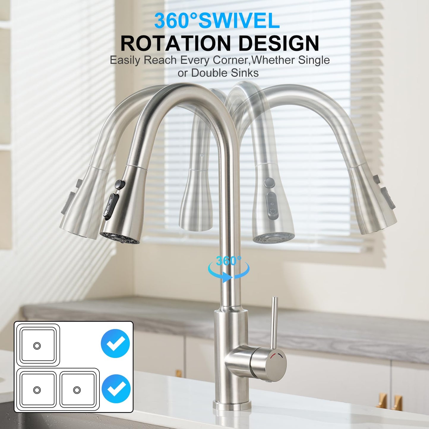 Robinet Cuisine avec Douchette Extensible Mitigeur - SREWOHS PRO Rabattable Mitigeur Evier de Cuisine avec 4 Douchette Modes, 360° d'Évier à Arc Élevé Acier Inoxydable Robinet Cuisine