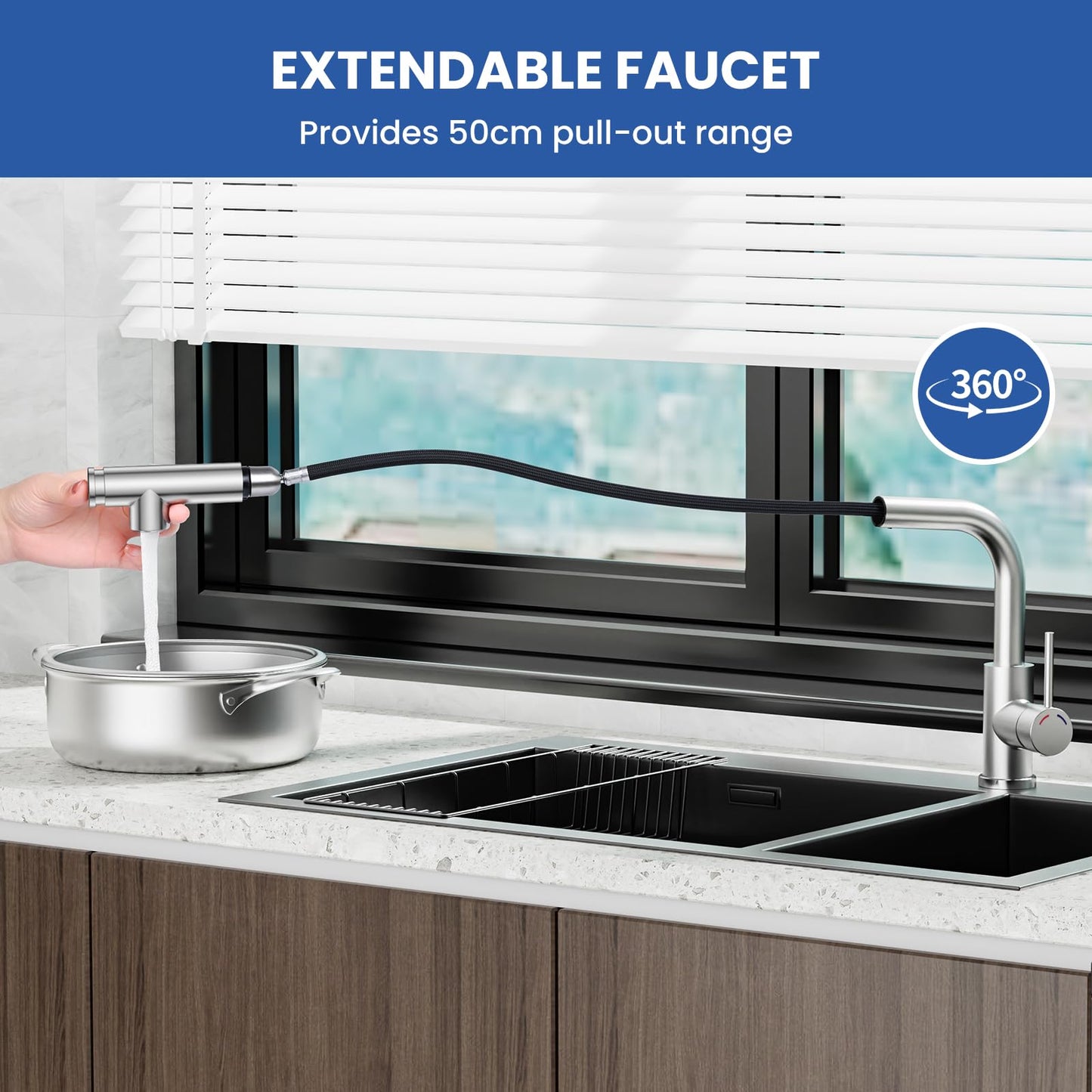 Hochdruck Küchenarmatur Ausziehbar mit 2 Strahlarten, SREWOHS PRO 360° Schwenkbarer Einhebelmischer Wasserhahn für Spüle, L-förmige Mischbatterie aus Edelstahl Gebürstet (L-EU G3/8)