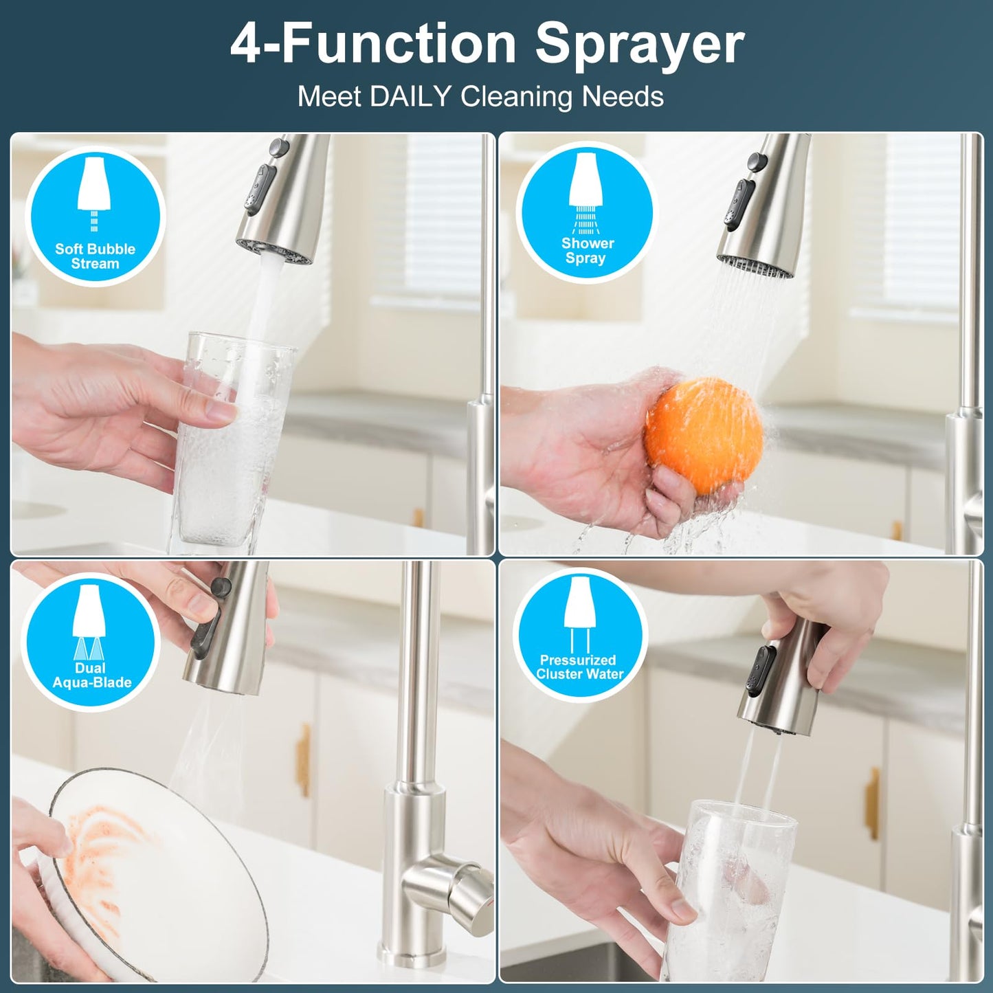 Robinet Cuisine avec Douchette Extensible Mitigeur - SREWOHS PRO Rabattable Mitigeur Evier de Cuisine avec 4 Douchette Modes, 360° d'Évier à Arc Élevé Acier Inoxydable Robinet Cuisine