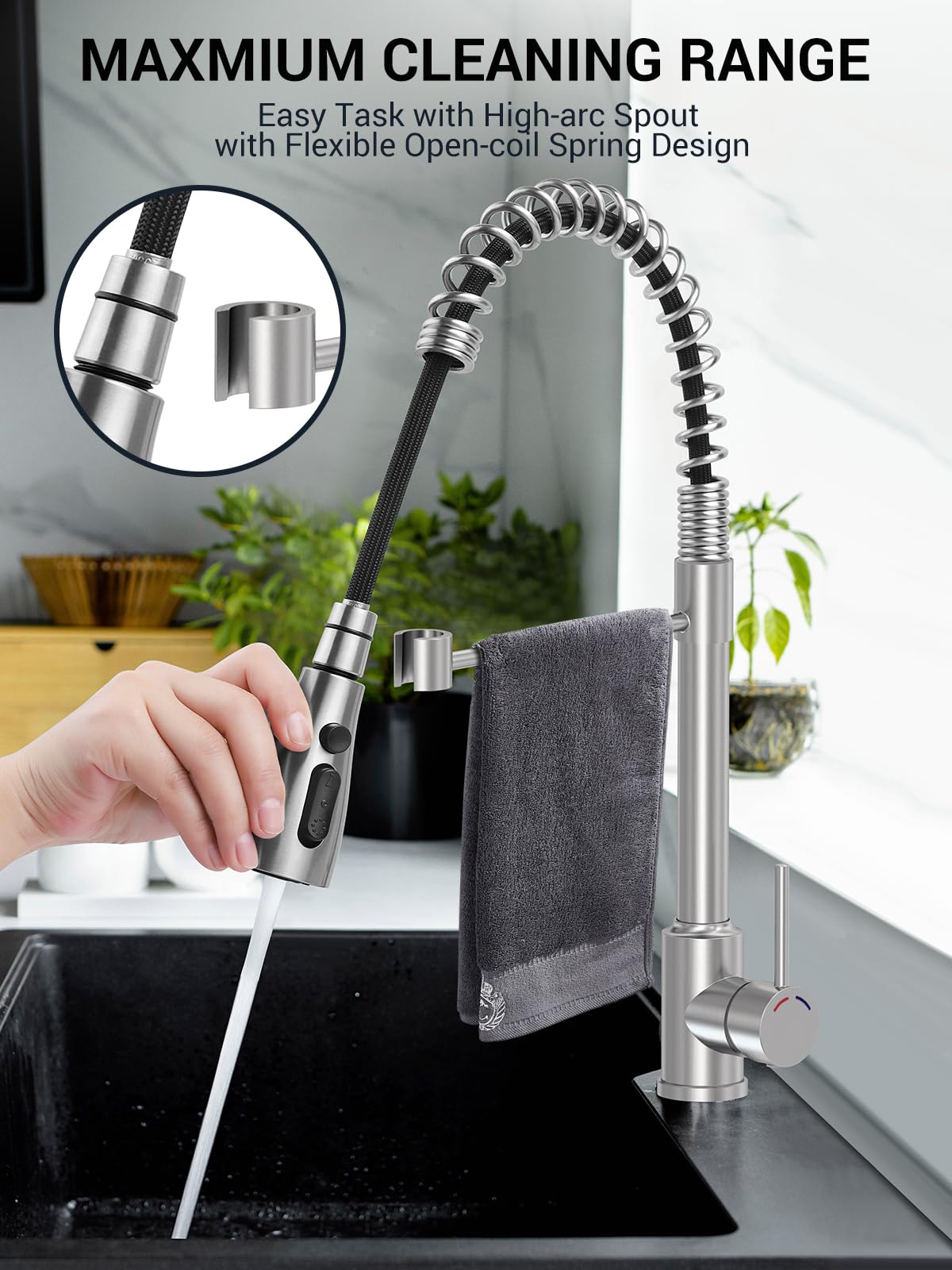 SREWOHS PRO Rubinetto Lavello Cucina Molla,4 Modelli di Spruzzo,Rotazione a 360°,Arco alto(160mm),G3/8,Adatto lavelli a 1 foro,Maniglia singola,Rubinetti commerciali,Acciaio inossidabile spazzolato