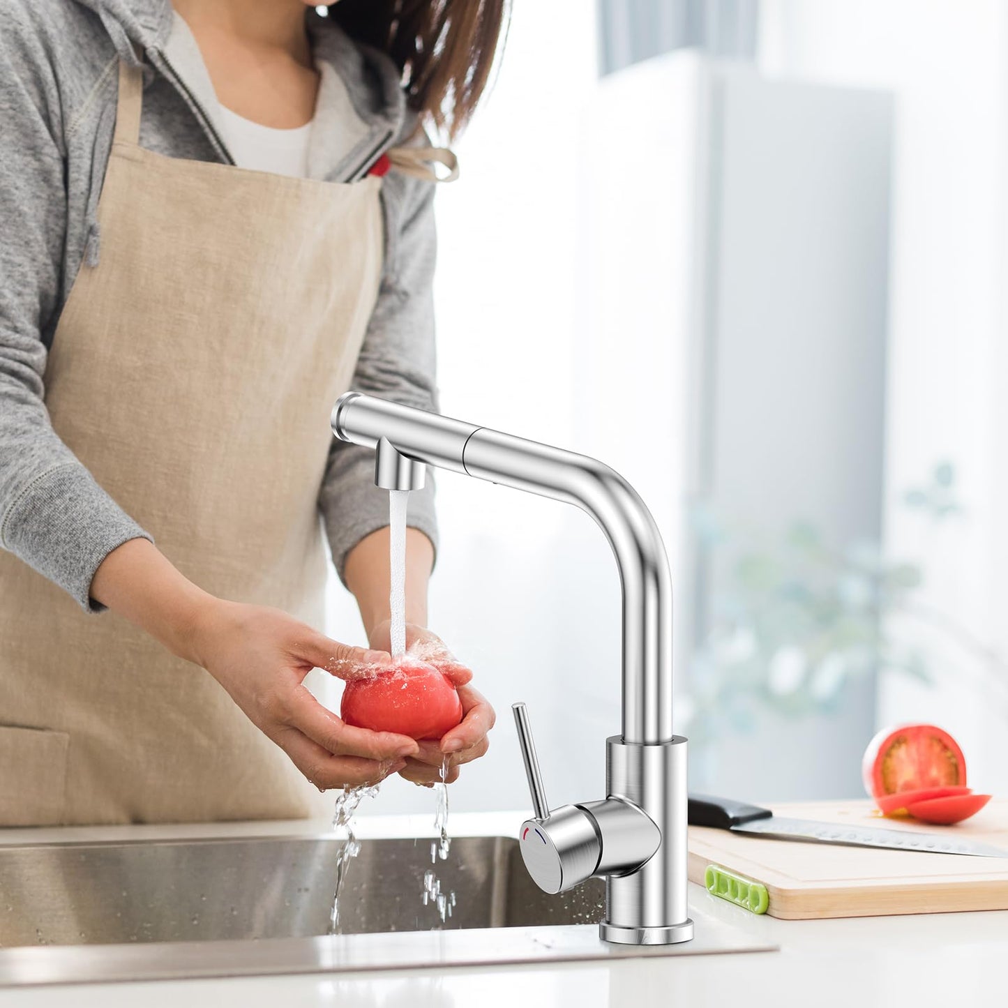 Hochdruck Küchenarmatur Ausziehbar mit 2 Strahlarten, SREWOHS PRO 360° Schwenkbarer Einhebelmischer Wasserhahn für Spüle, L-förmige Mischbatterie aus Edelstahl Gebürstet (L-EU G3/8)