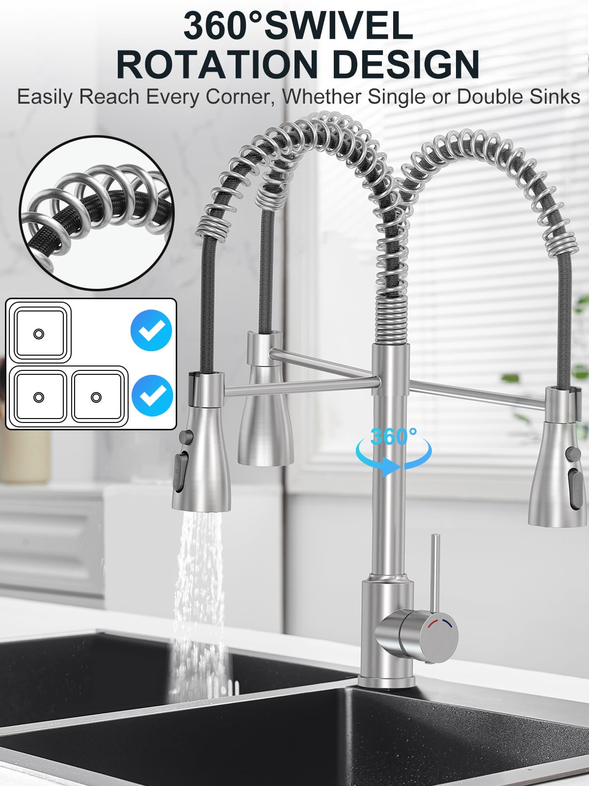 SREWOHS PRO Rubinetto Lavello Cucina Molla,4 Modelli di Spruzzo,Rotazione a 360°,Arco alto(160mm),G3/8,Adatto lavelli a 1 foro,Maniglia singola,Rubinetti commerciali,Acciaio inossidabile spazzolato