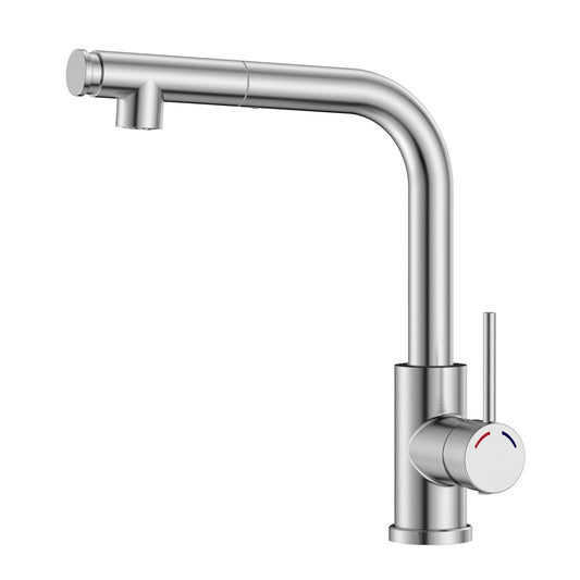 Hochdruck Küchenarmatur Ausziehbar mit 2 Strahlarten, SREWOHS PRO 360° Schwenkbarer Einhebelmischer Wasserhahn für Spüle, L-förmige Mischbatterie aus Edelstahl Gebürstet (L-EU G3/8)