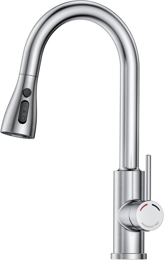 Robinet Cuisine avec Douchette Extensible Mitigeur - SREWOHS PRO Rabattable Mitigeur Evier de Cuisine avec 4 Douchette Modes, 360° d'Évier à Arc Élevé Acier Inoxydable Robinet Cuisine