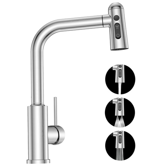 SREWOHS PRO Grifo Cocina Extraible - Grifo de Cocina Fregadero con Ducha de 3 Modos de Rociado Giratorio a 360°, Mezclador Cabezal Grifo Cocina Monomando Flexible, Acero Inoxidable