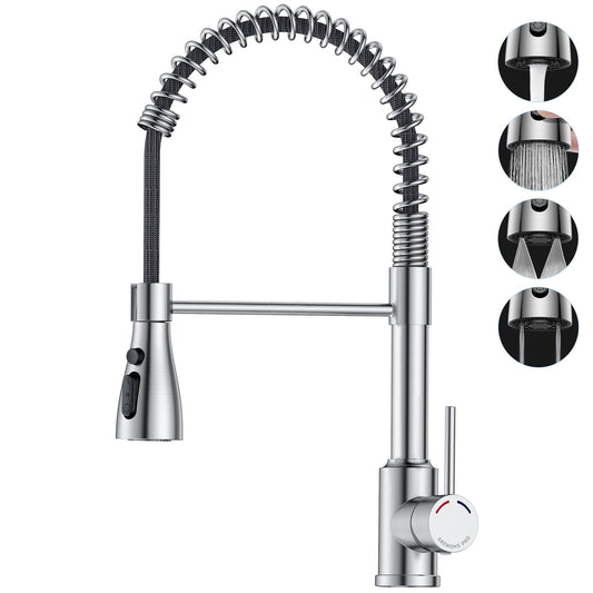 SREWOHS PRO Rubinetto Lavello Cucina Molla,4 Modelli di Spruzzo,Rotazione a 360°,Arco alto(160mm),G3/8,Adatto lavelli a 1 foro,Maniglia singola,Rubinetti commerciali,Acciaio inossidabile spazzolato